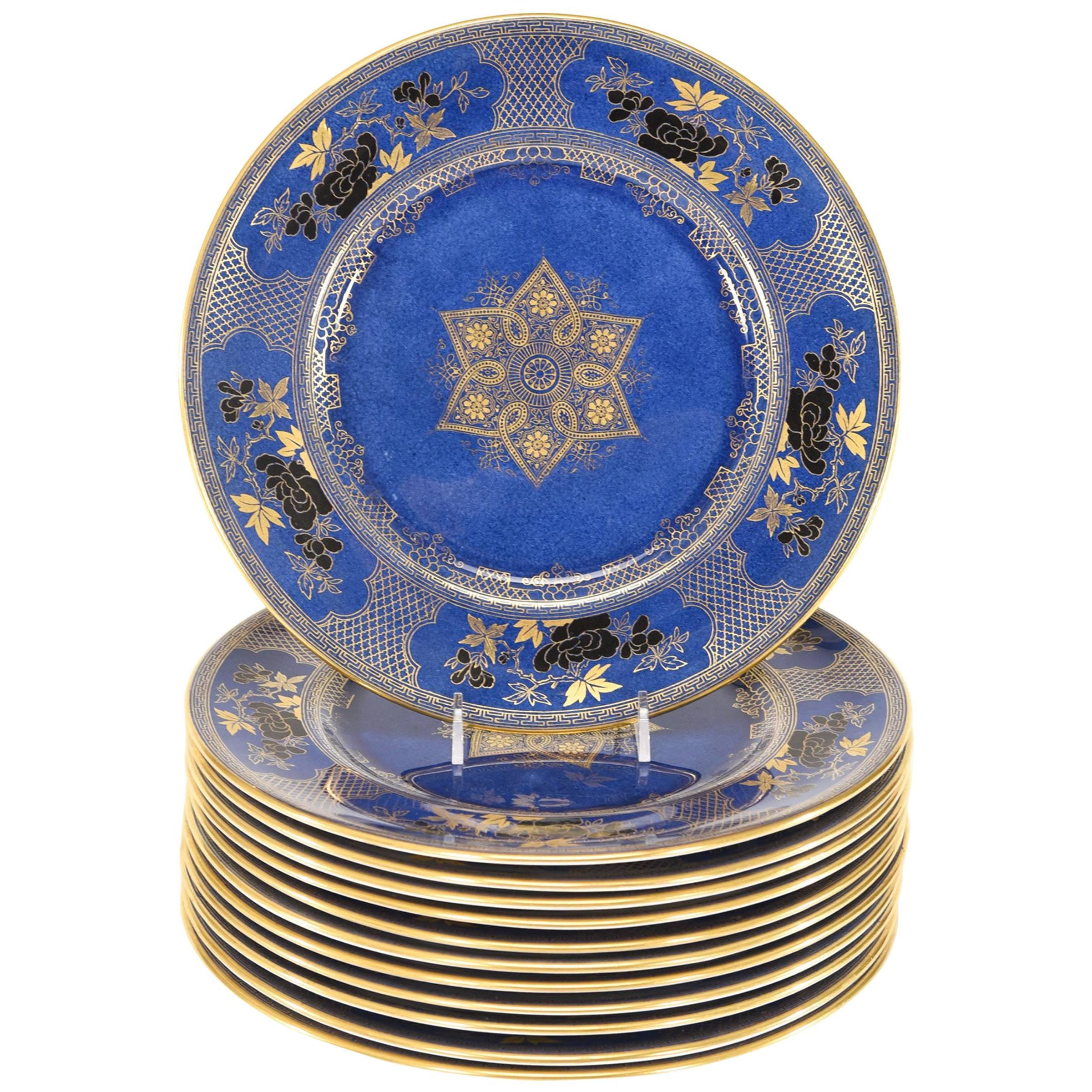 12 Royal Doulton Powder Blue Japonesque Dinner Plates with Black and Gold  Enamel at 1stDibs
