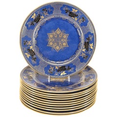 12 Royal Doulton Powder Blue Japonesque Dinner Plates with Black & Gold Enamel
