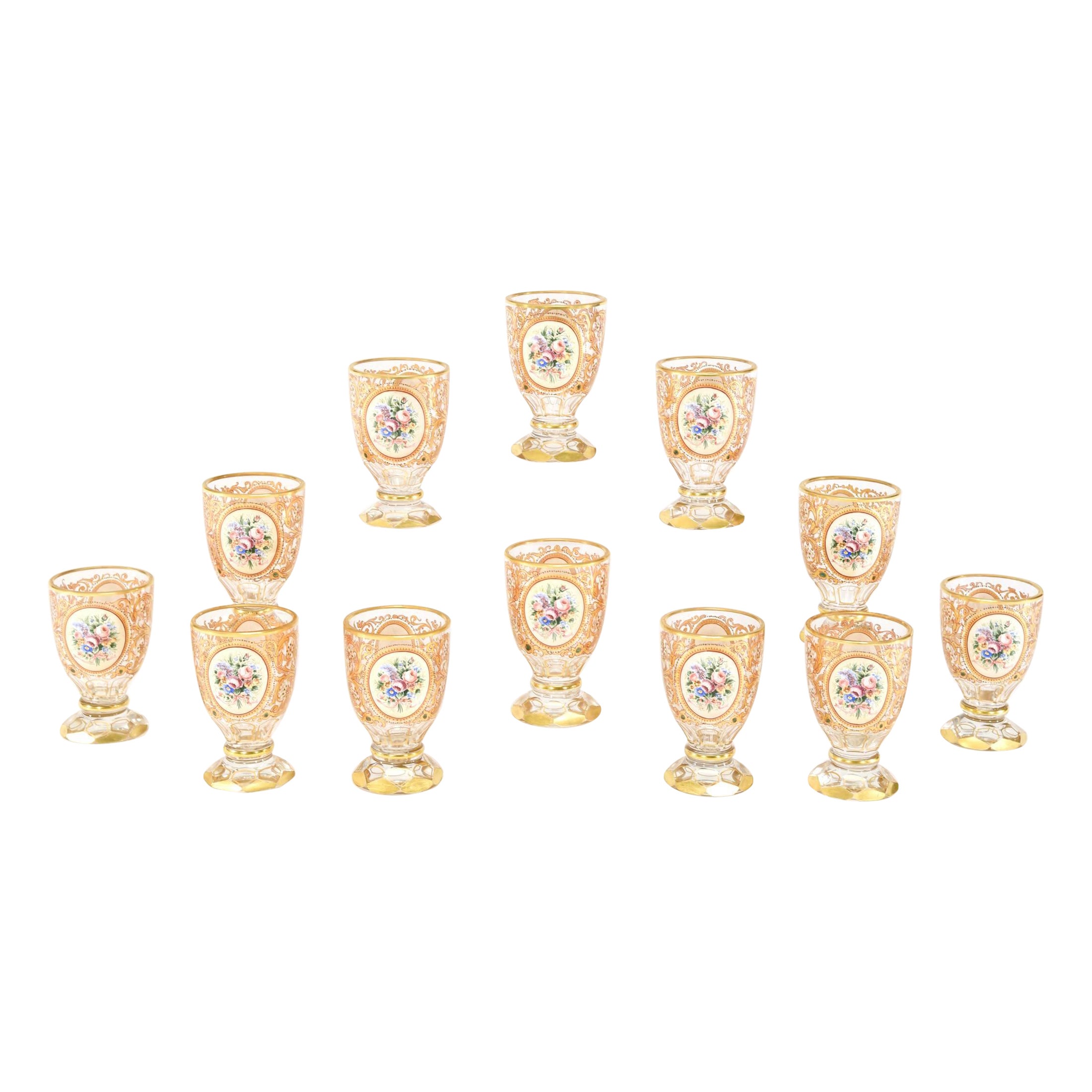 12 19th Century Crystal Tumblers with Polychrome Enamel Reserves Gold