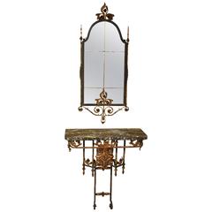 Iron Console Table with Marble Top and Mirror in the Style of Oscar Bach
