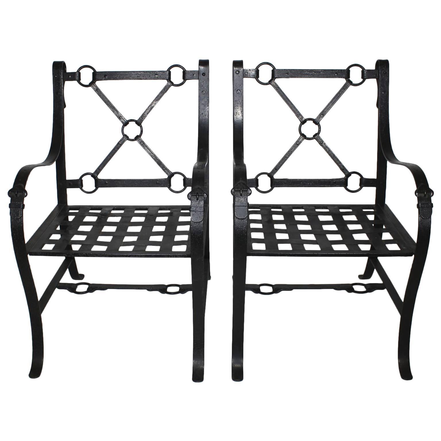 Pair French Mid-Century Ebonized Metal Armchairs manner of Jacques Adnet- Hermès