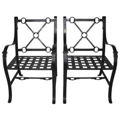 Pair of French Mid-Century Ebonized Wrought Iron and Metal Painted Armchairs 10