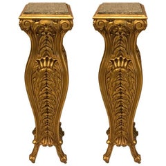 Pair of Mid-Century Giltwood Pedestals with Marble Tops