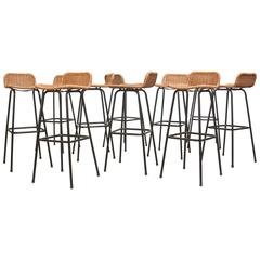 Set of Ten Charlotte Perriand Style Wicker Bar Stools