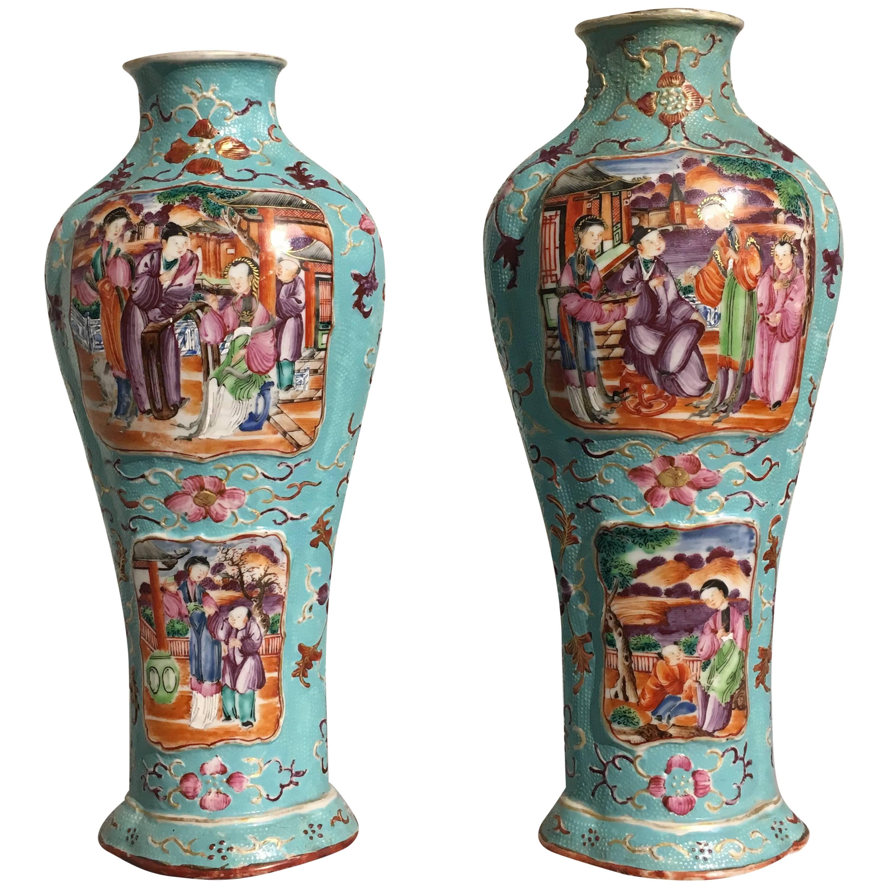 Pair of Late 18th Century Chinese Export Mandarin Turquoise Vases