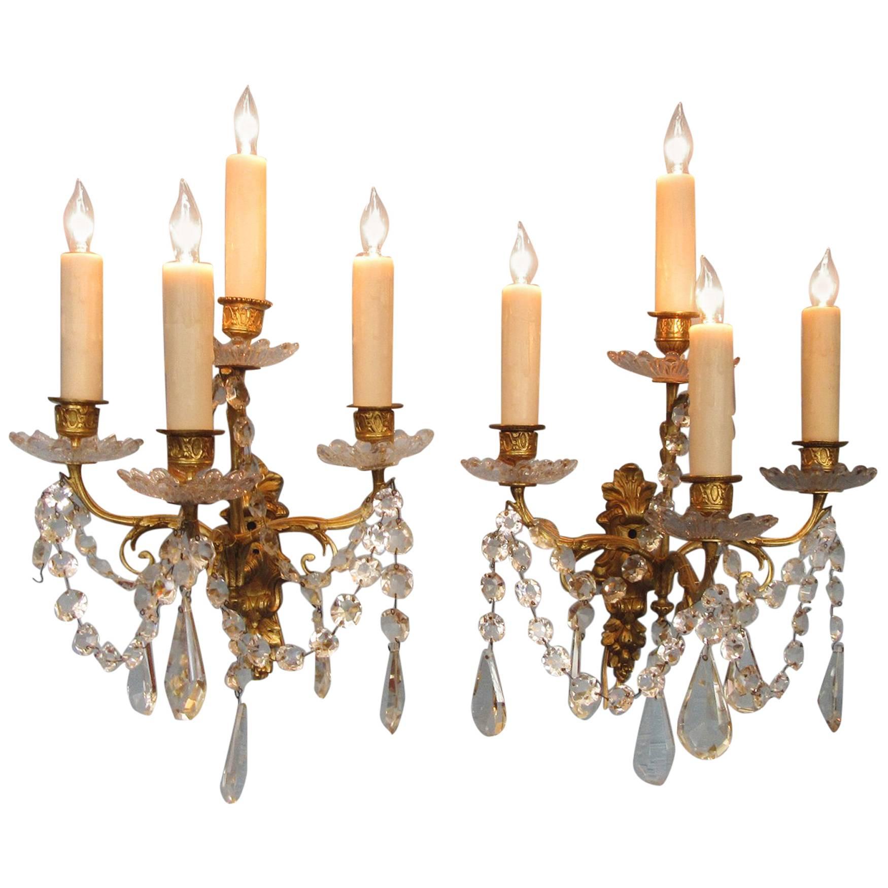 Pair of Early 19th Century French Regence Crystal and Bronze Dore Sconces