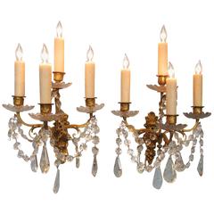 Pair of Early 19th Century French Regence Crystal and Bronze Dore Sconces