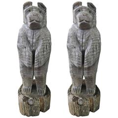 Vintage Pair of Green Eyed Hand-Carved Adorable Loon Lake Bear Statue's, Ben and Barb