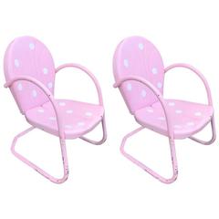 Pair of Iconic Retro 1950s Outdoor Chairs Pink with White Polka Dots