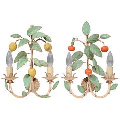 Pair of Early 20th Century French Painted Metal Sconces with Fruit and Leaves