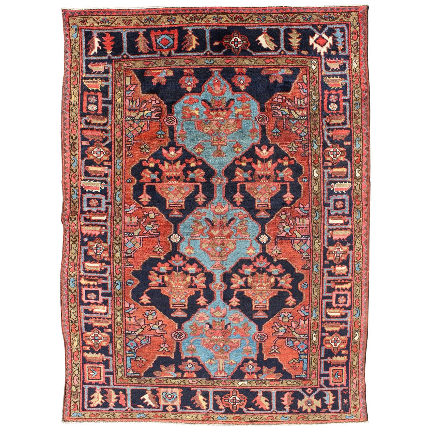Antique Rare Persian Khamseh Rug in  Ink Blue and Terra Cotta For Sale