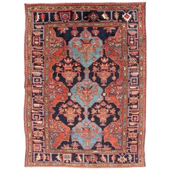 Antique et rare tapis persan Khamseh en  Encre bleue et terre cuite