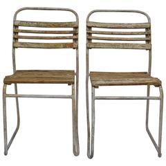 Pair of Tubular Steel and Hardwood Bistro Chairs