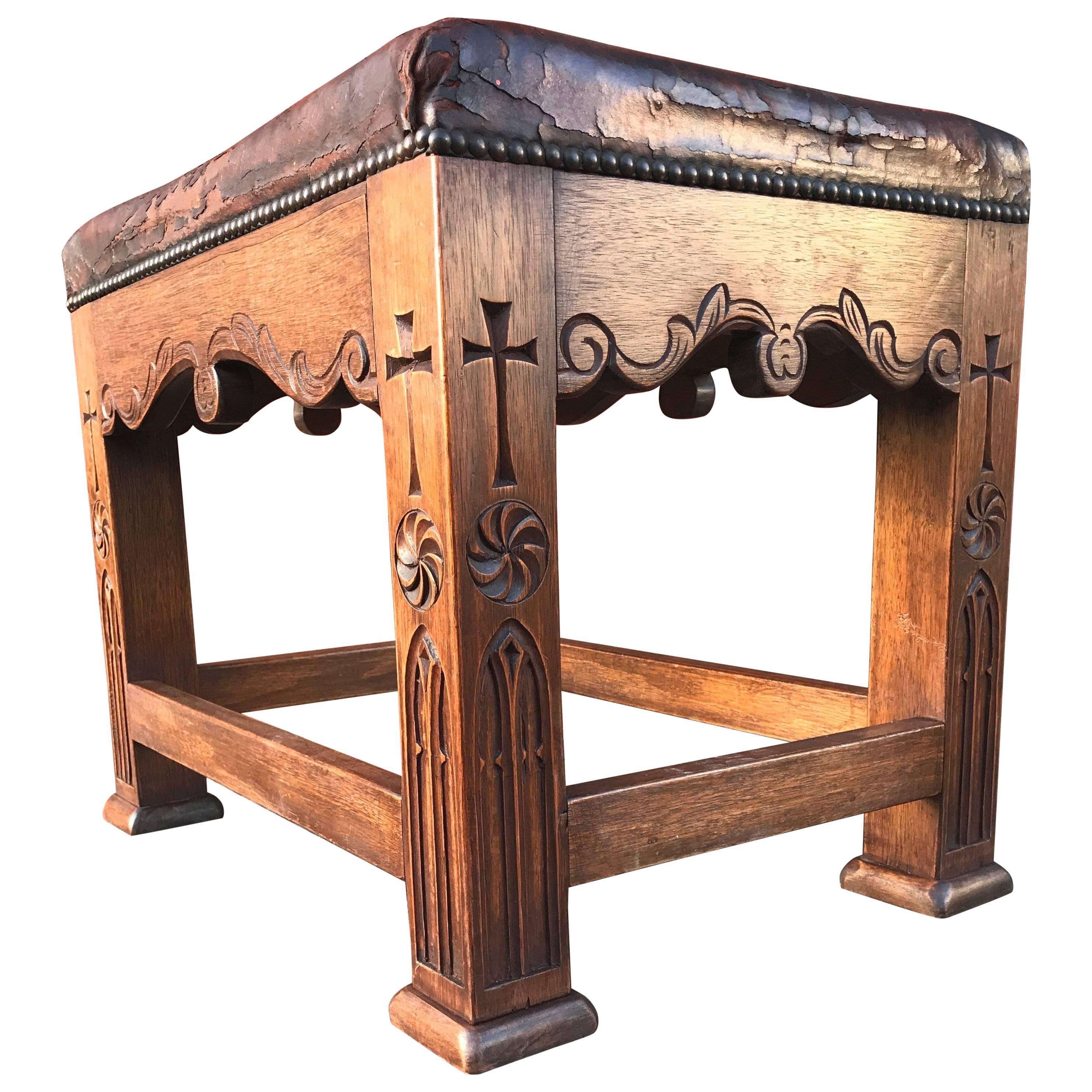 Unique and Quality Carved Gothic Revival Oak Stool with Original Leather Seating