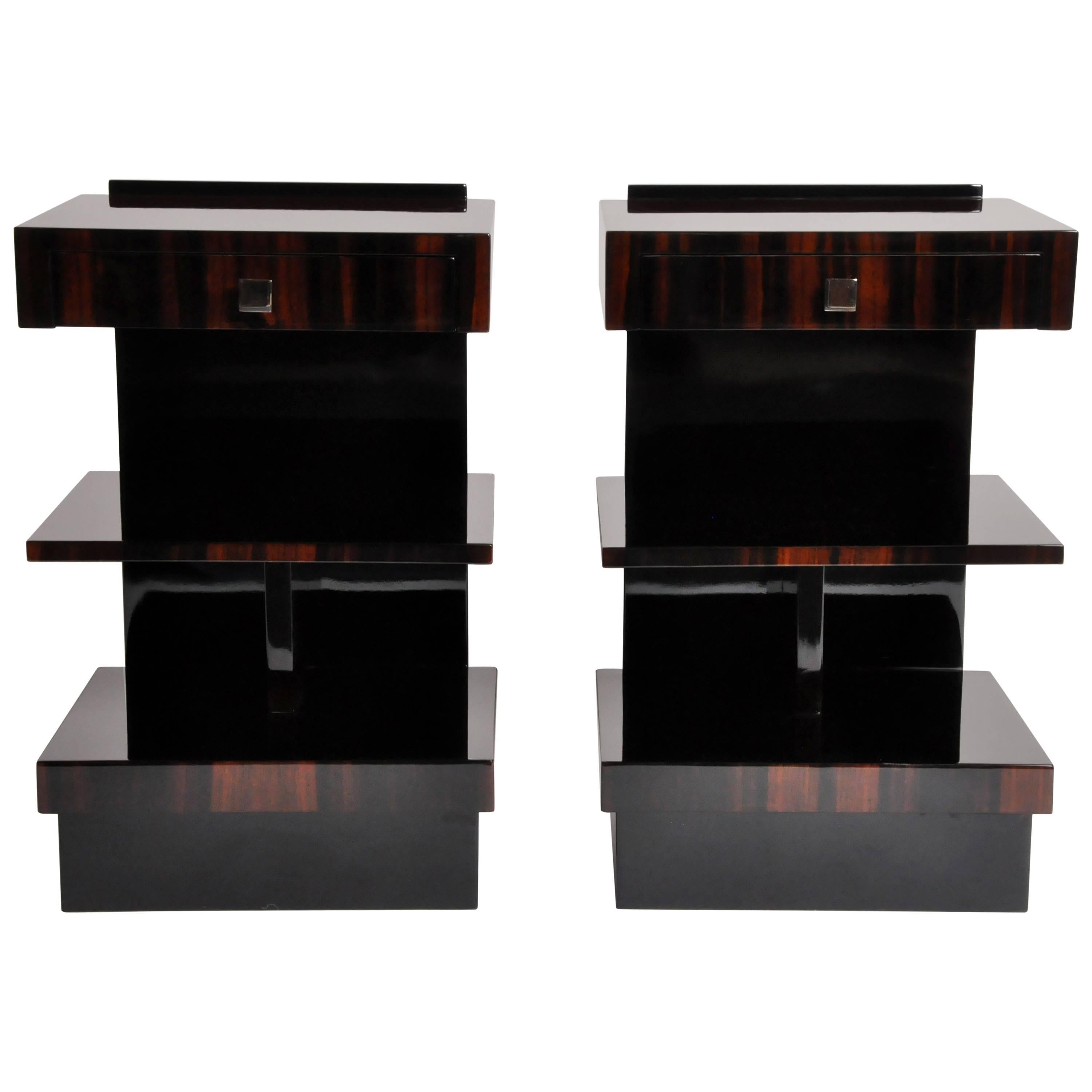 Art Deco Style Square Side Tables with Drawers and Shelf
