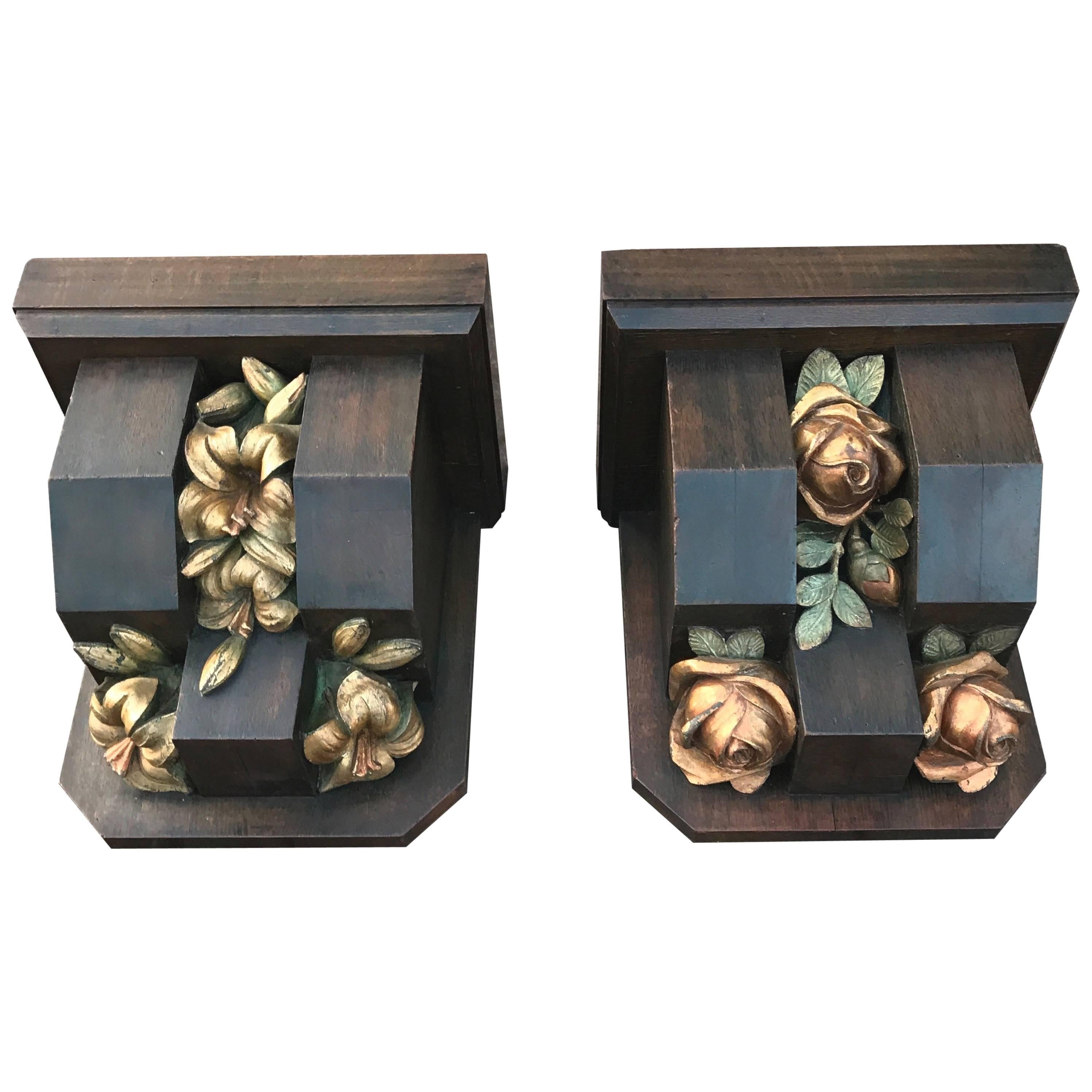 Pair Large Gothic Revival Wall Brackets or Corbels w. Beautifully Roses & Lilies For Sale