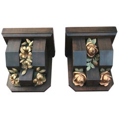 Pair Large Gothic Revival Wall Brackets or Corbels w. Beautifully Roses & Lilies