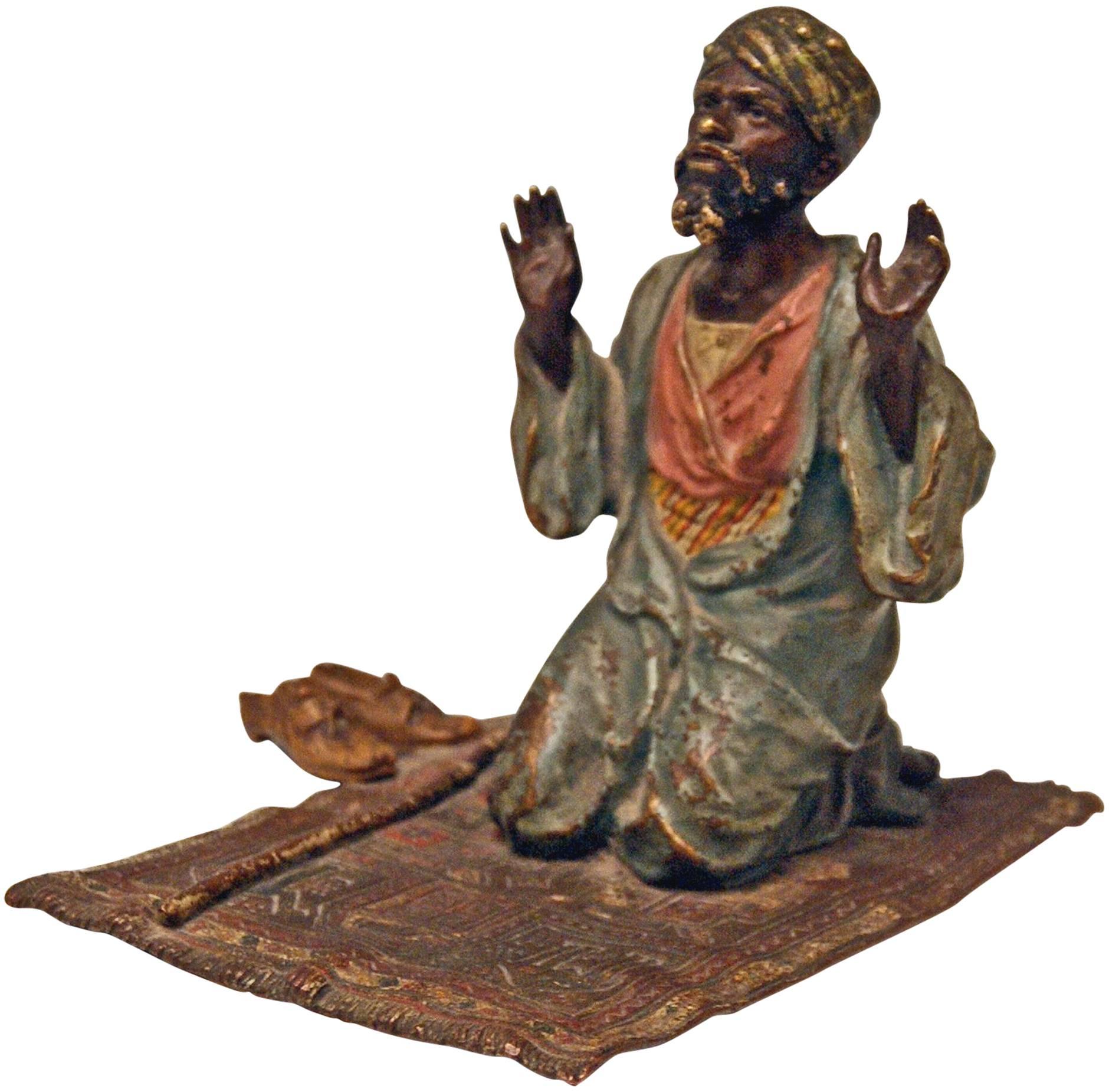 Vienna Bronze Made by Franz Bergman(n) Arab Man Praying on Carpet made 1890-1900