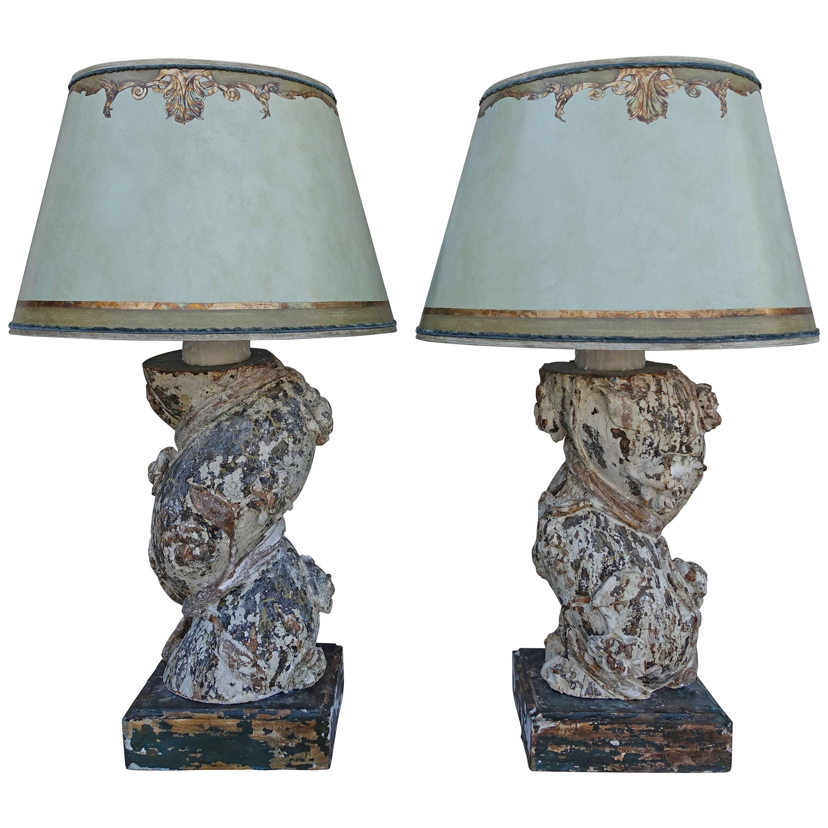 Pair of 19th Century Italian Column Lamps with Shades