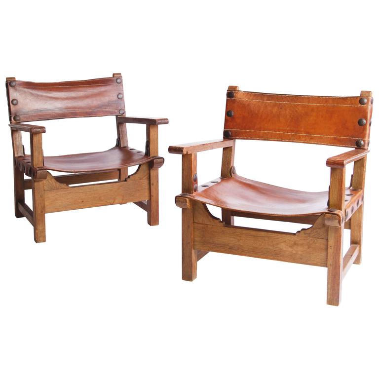 Spanish Oak and Saddle Leather Armchairs For Sale