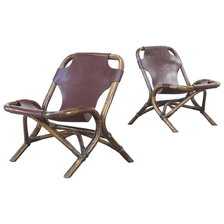 1980s Bamboo Lounge Chair With Saddle Leather Seating Set Of Two