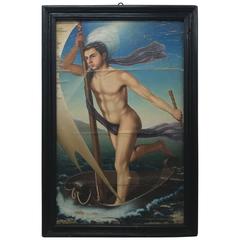 Italian Art Deco Painting "Aeolus", circa 1930 10