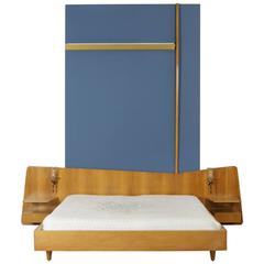 Double Bed with Nightstands Walnut Veneer Fabric Brass-Plated Vintage, Italy 5