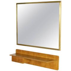 Wall Console with Mirror Walnut Veneer Brass Mirror Frame Vintage, Italy, 1960s
