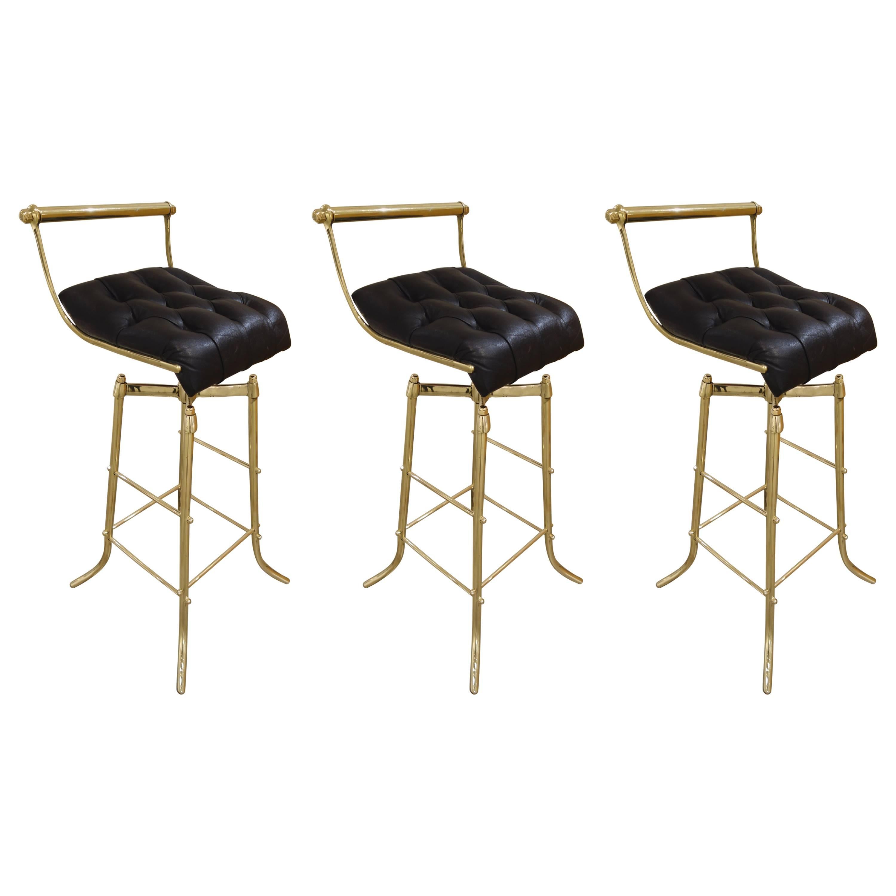 Set of Three Italian Mid-Century Brass Adjustable Bar Stools with Swivel Seats