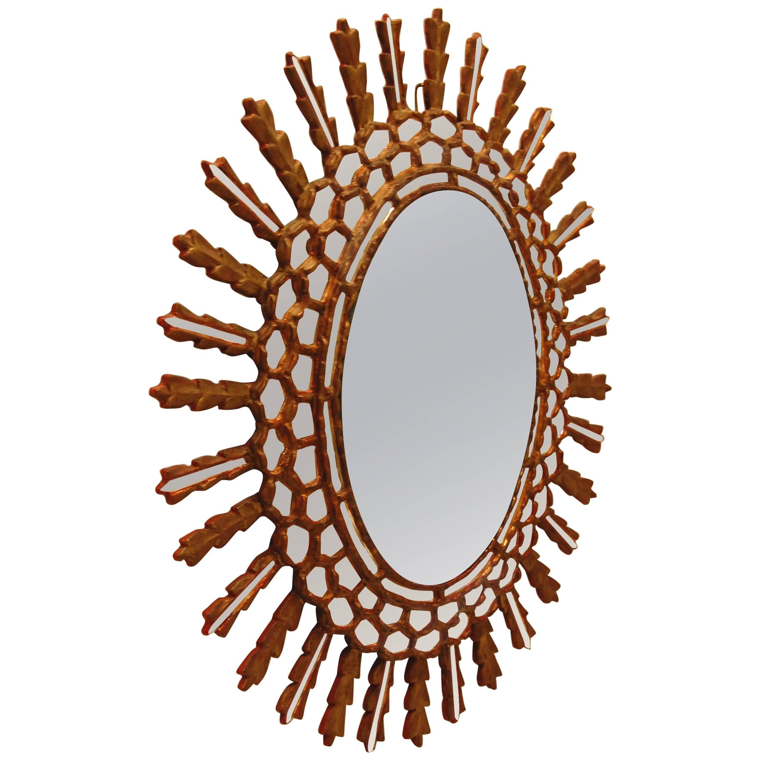 Oval Gold Leaf Italian Sunburst Style Wall Mirror, Mid-20th Century For Sale