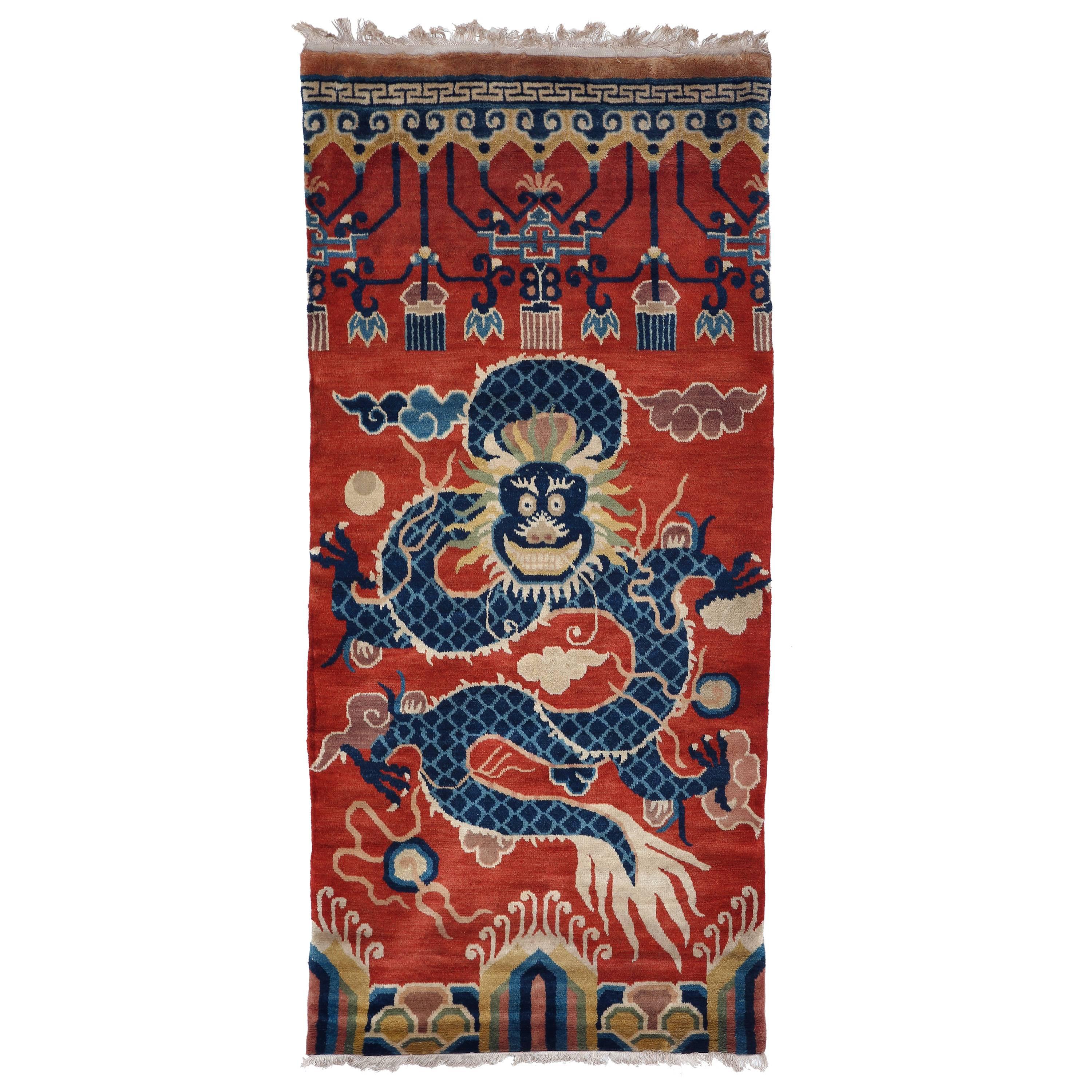 Hand-Knotted Wool Tibetan Dragon Carpet, Natural Dyes, Chinoiserie