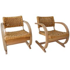 1950s French Pair of Similiar Raw Bentwood and Rope Chairs