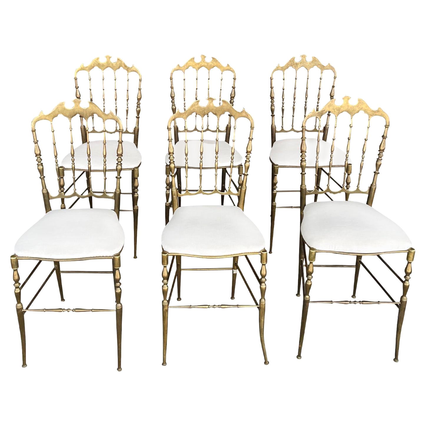 Ensemble de six chaises de salle à manger italiennes modernistes en laiton blanc du 20ème siècle par Chiavari