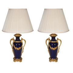 Pair of Louis XVI Style Ormolu-Mounted Blue Ground Porcelain Oil Lamps 1