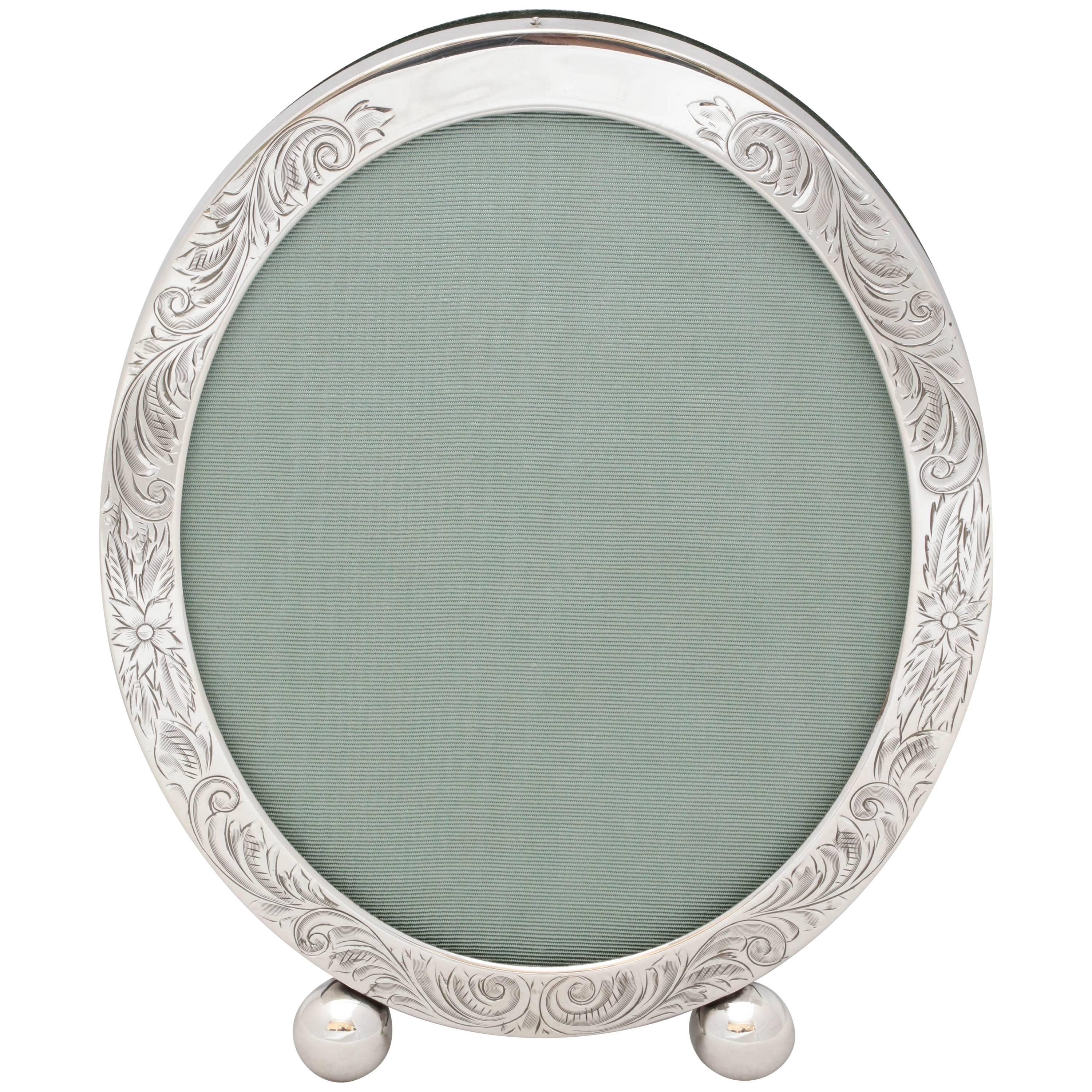 Unger Brothers Edwardian Sterling Silver Etched Oval Picture Frame on Ball Feet