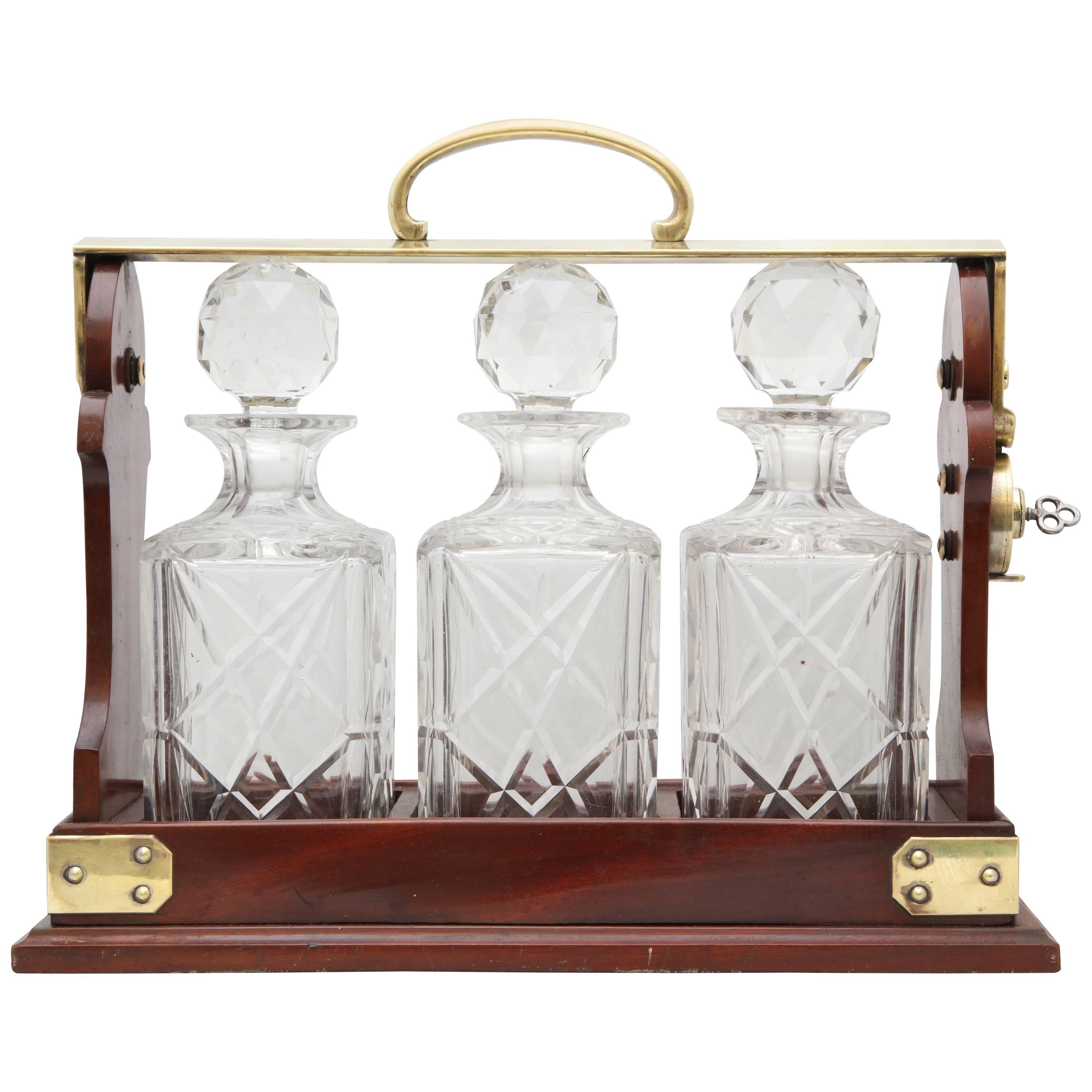 Edwardian Brass-Mounted Wood Three Bottle Tantalus