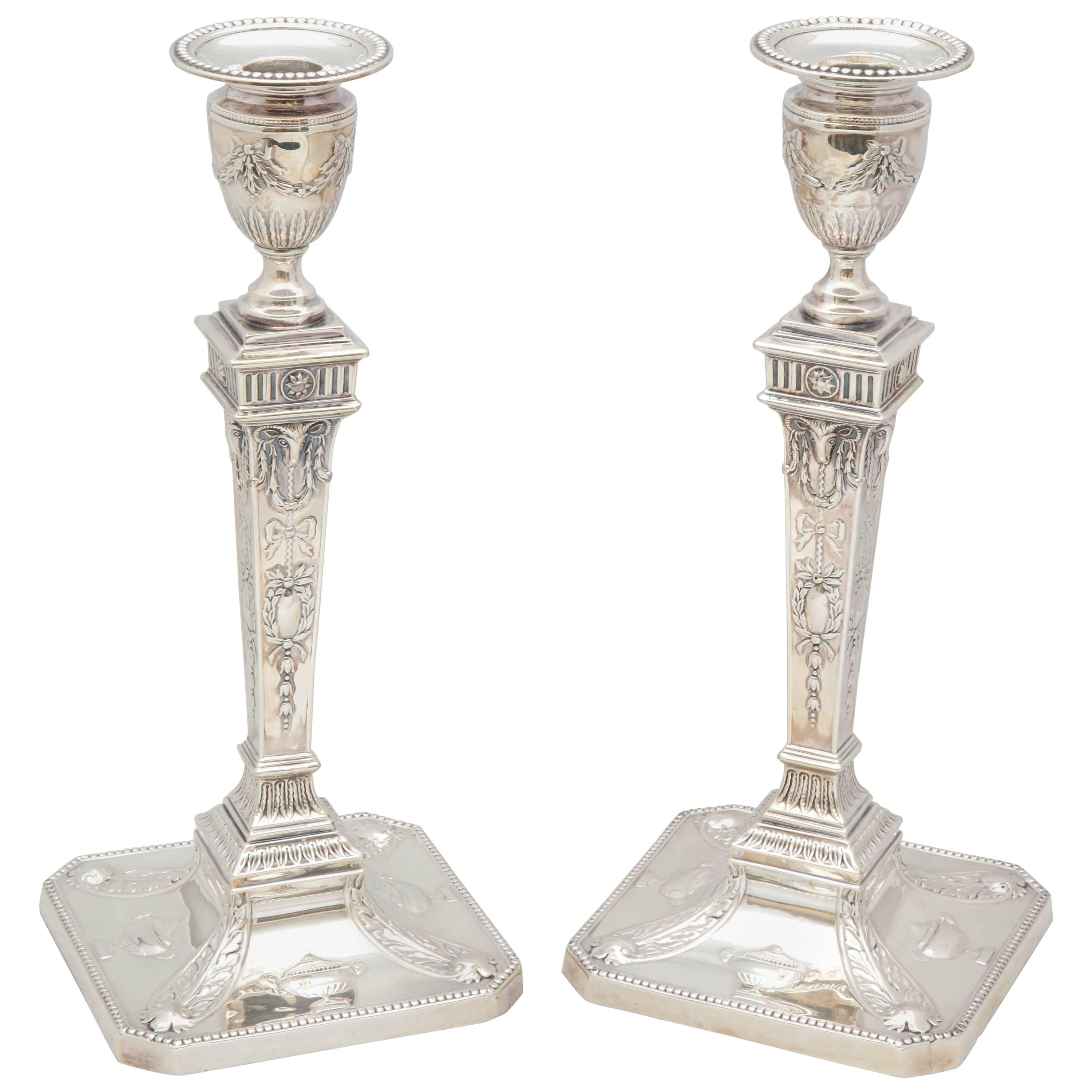 Tall Pair of Edwardian Sterling Silver Adam Style Candlesticks