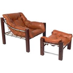 Exotic Rosewood and Leather Brazilian Lounge Chair and Ottoman by Jean Gillon