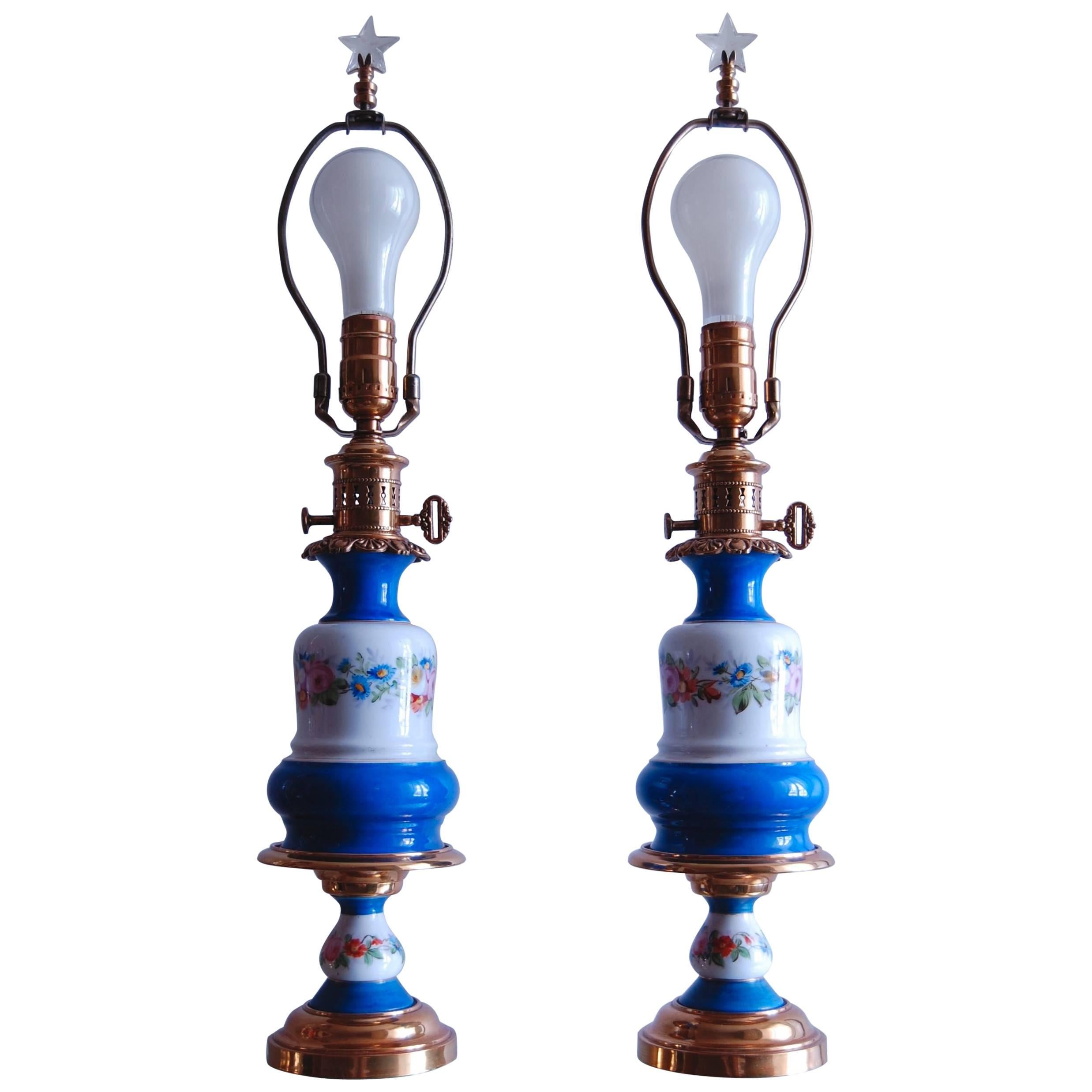 Pair of French Porcelain Oil Lamps, Likely Sevres, circa 1850 For Sale
