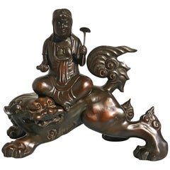 Japanese Art Deco Bronze Sculpture of Monju Bosatsu on a Shishi