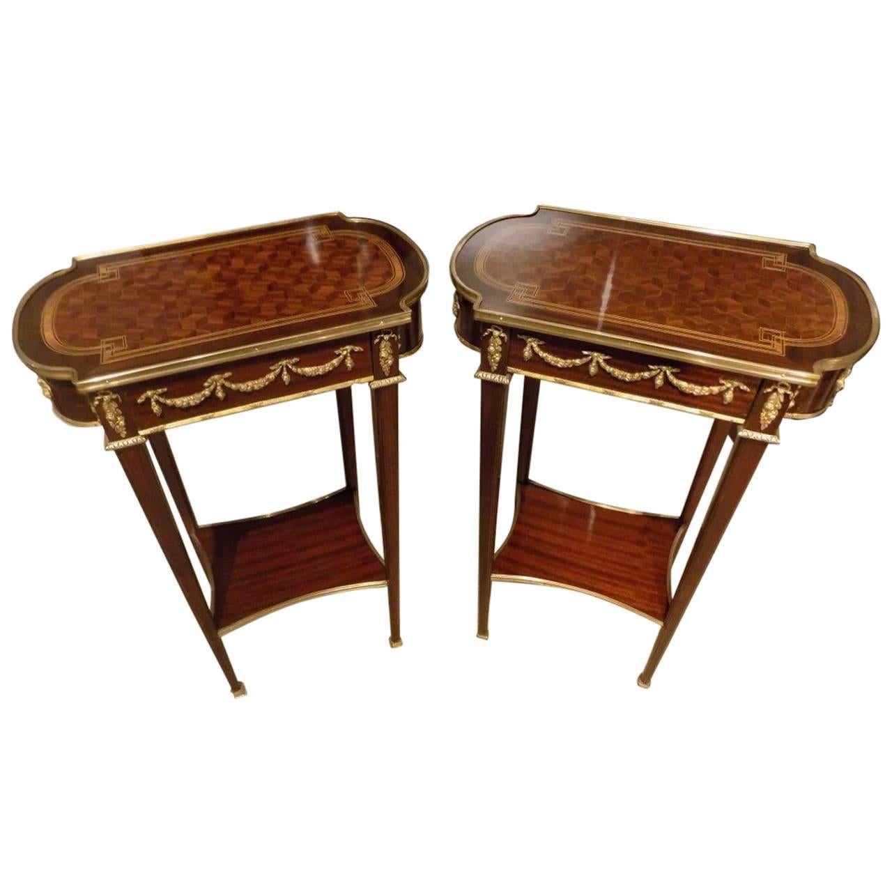 Pair of French Mahogany, Kingwood and Parquetry Inlaid Side Tables