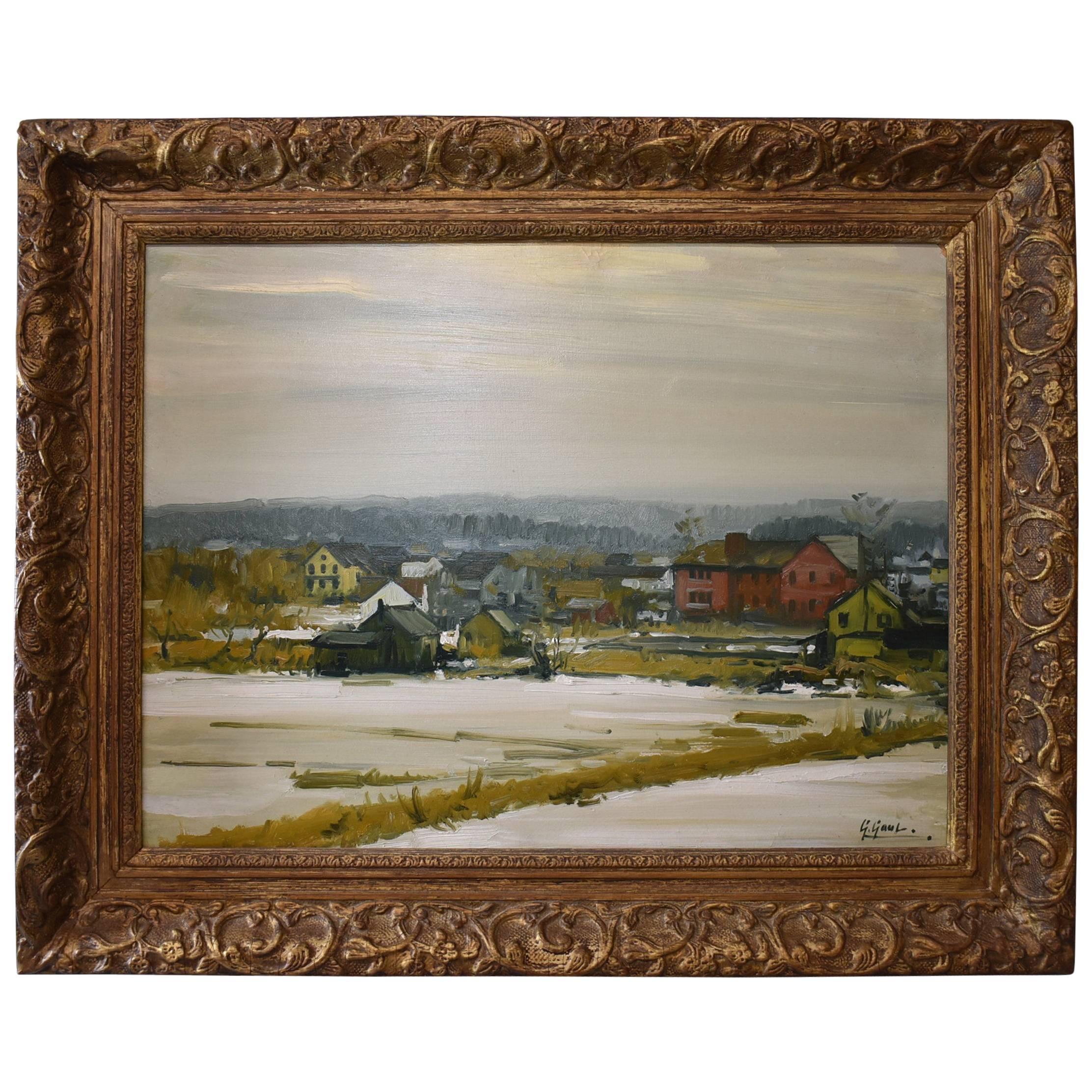 Gilbert Gaul Impressionistic Oil on Board, Winter in Hackensack New Jersey For Sale