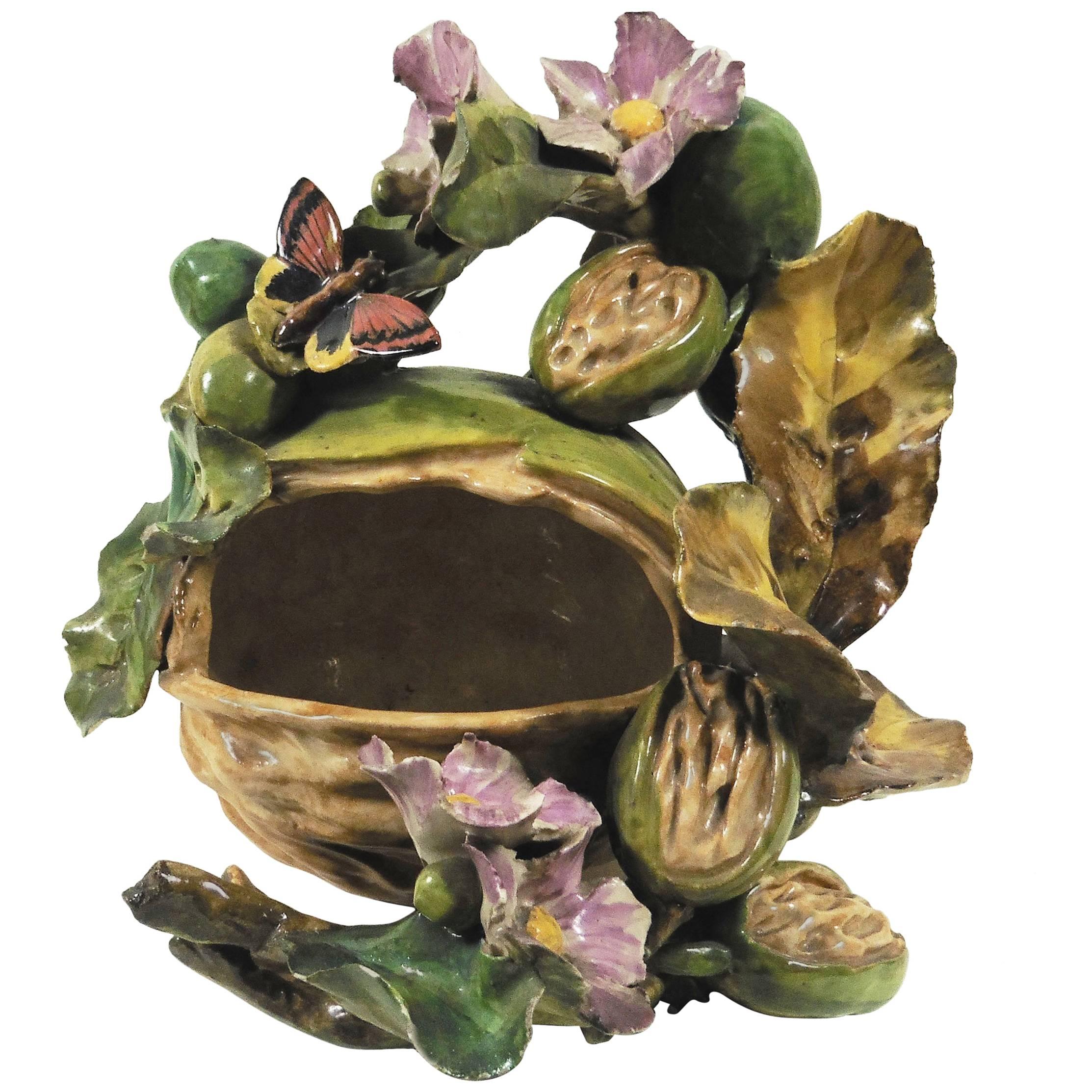 French Majolica Nut and Butterfly Jean Pointu, circa 1880