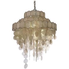 Vintage Capiz Shell Chandelier, Tiers of Natural Shells Hand Strung Diffused Soft Glow