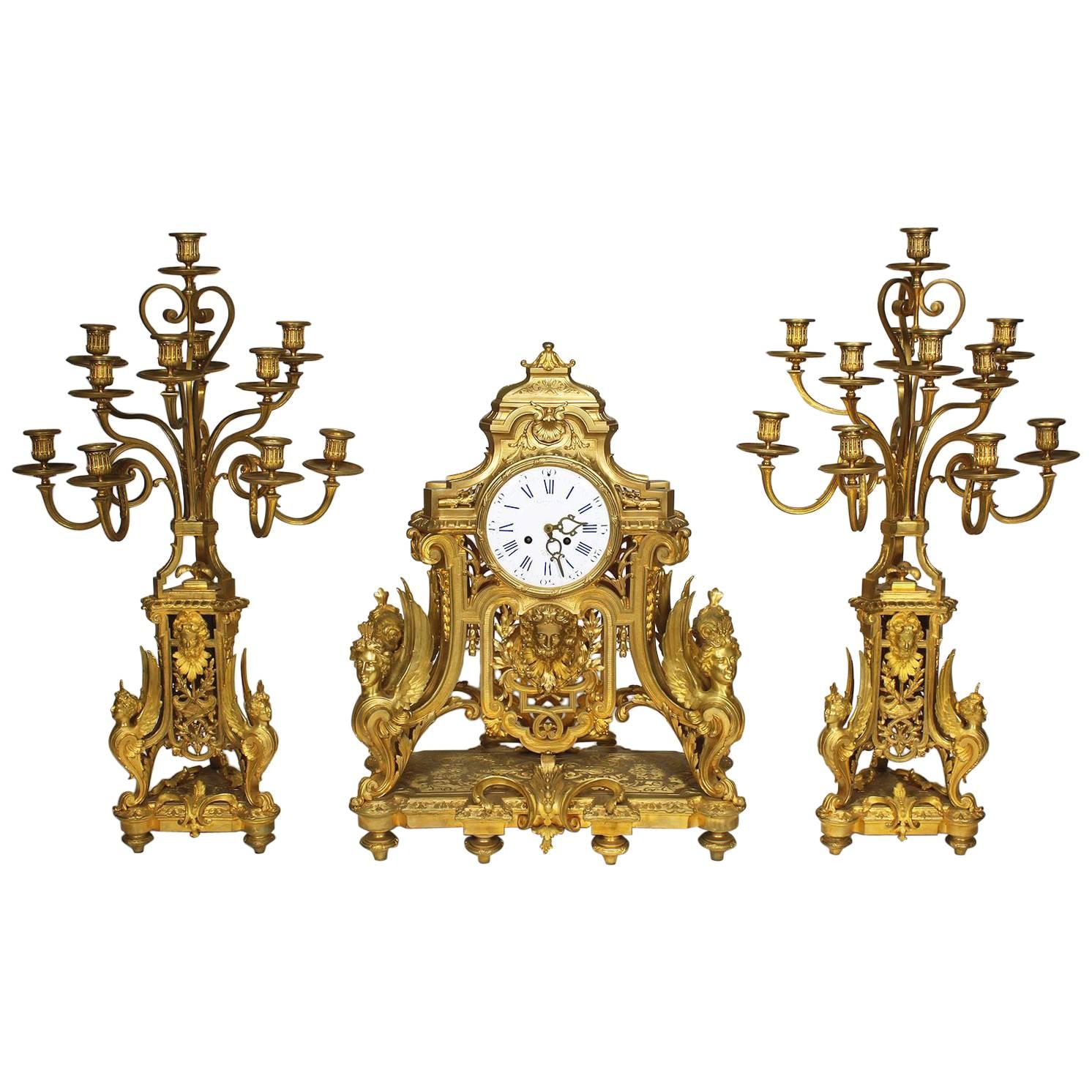 French 19th Century Louis XIV Style Figural Ormolu Clock Garniture, Raingo Frers For Sale