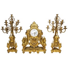 Antique French 19th Century Louis XIV Style Figural Ormolu Clock Garniture, Raingo Frers