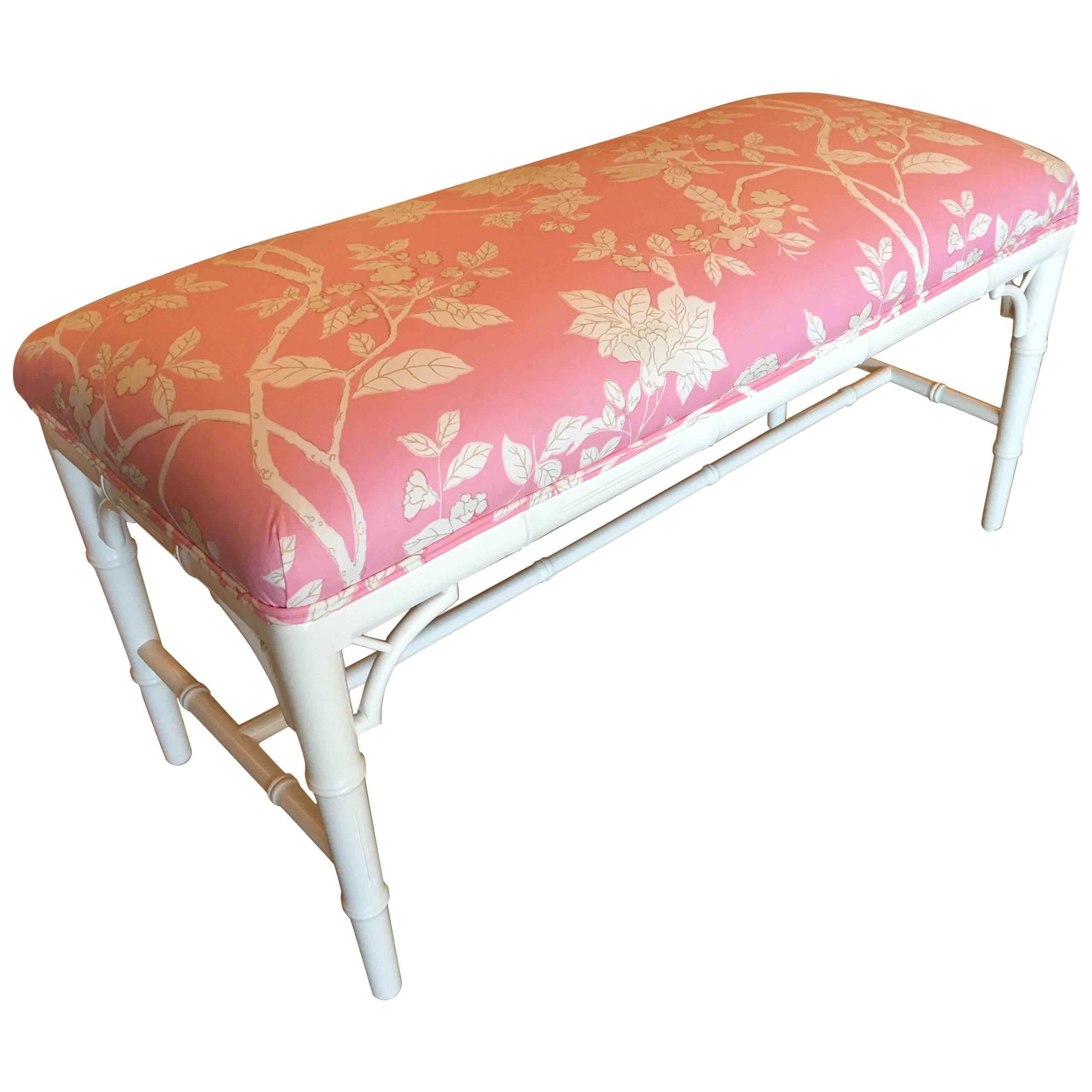 Pair Available Faux Bamboo Chinese Chippendale Bench, Chinoiserie Pink Lacquered