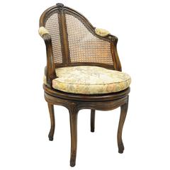French Country Louis XV Style Swivel Vanity Chair Cane Back Boudoir Seat Walnut