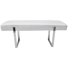 Milo Baughman Bench in Polished Chrome and Alligator Pattern White Fabric