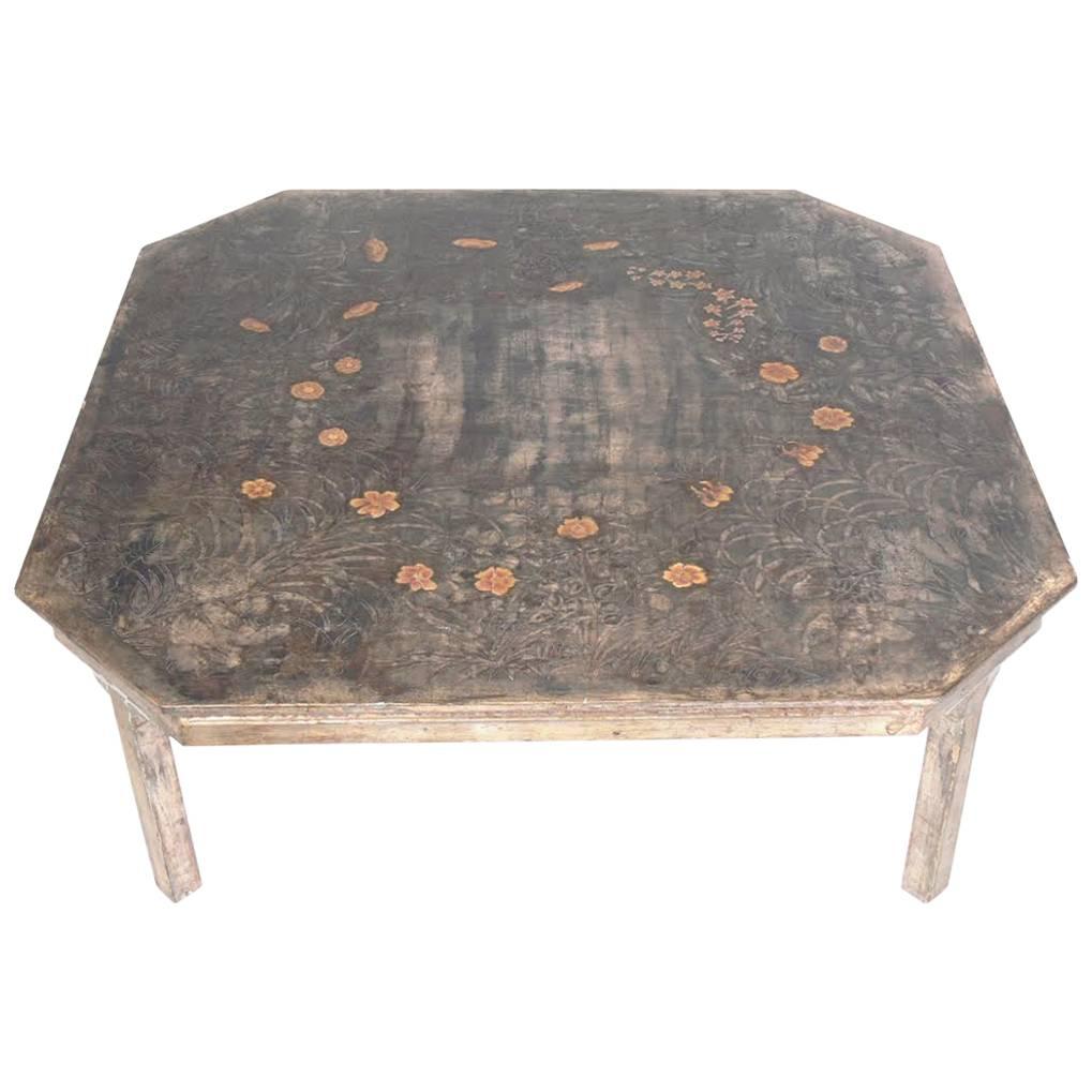 Elegant Silver Leaf Coffee Table with Hand-Carved Decoration by Max Kuehne